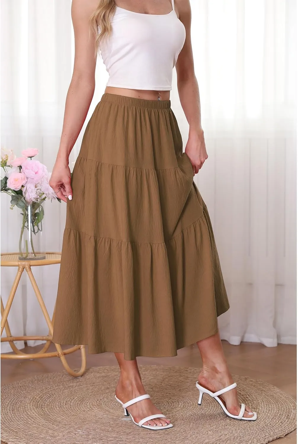 Kingfancy Women's Boho Midi Skirt A-Line Ruffle Elastic High Waist Tiered Flowy Skirts