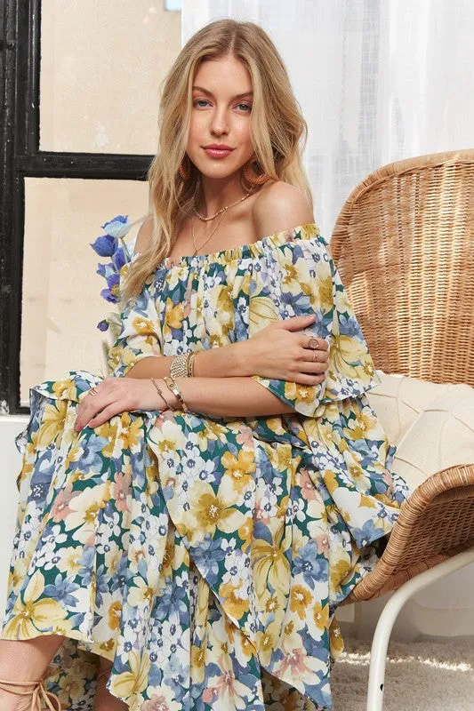 Layered Floral Off-Shoulder Maxi Dress
