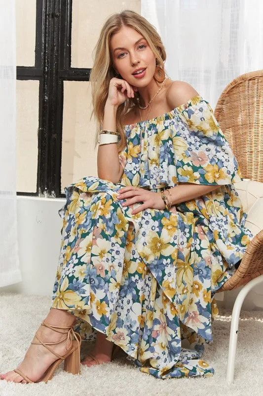 Layered Floral Off-Shoulder Maxi Dress