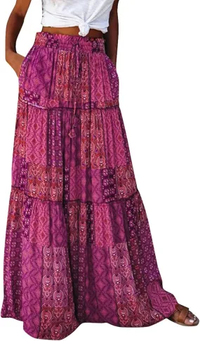 Long Skirts for Women Summer A-Line Flowy Swing Maxi Ruffle Tiered Skirt Beach Vacation Clothes