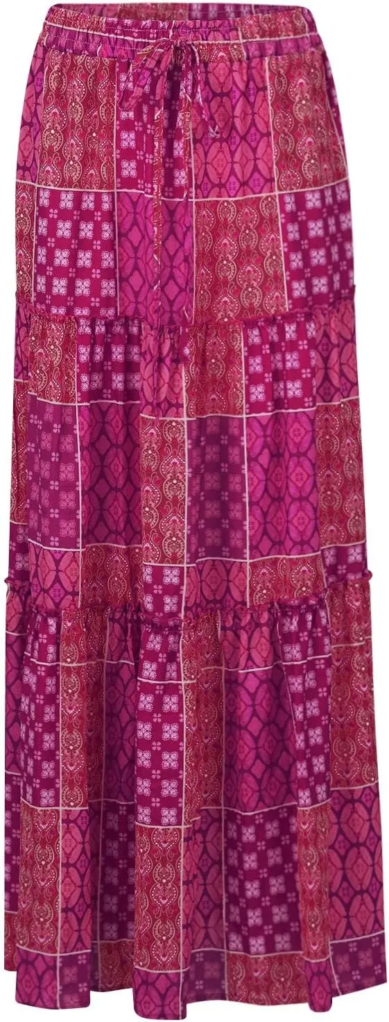 Long Skirts for Women Summer A-Line Flowy Swing Maxi Ruffle Tiered Skirt Beach Vacation Clothes