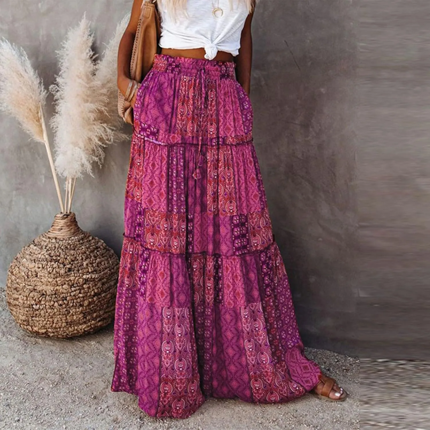 Long Skirts for Women Summer A-Line Flowy Swing Maxi Ruffle Tiered Skirt Beach Vacation Clothes