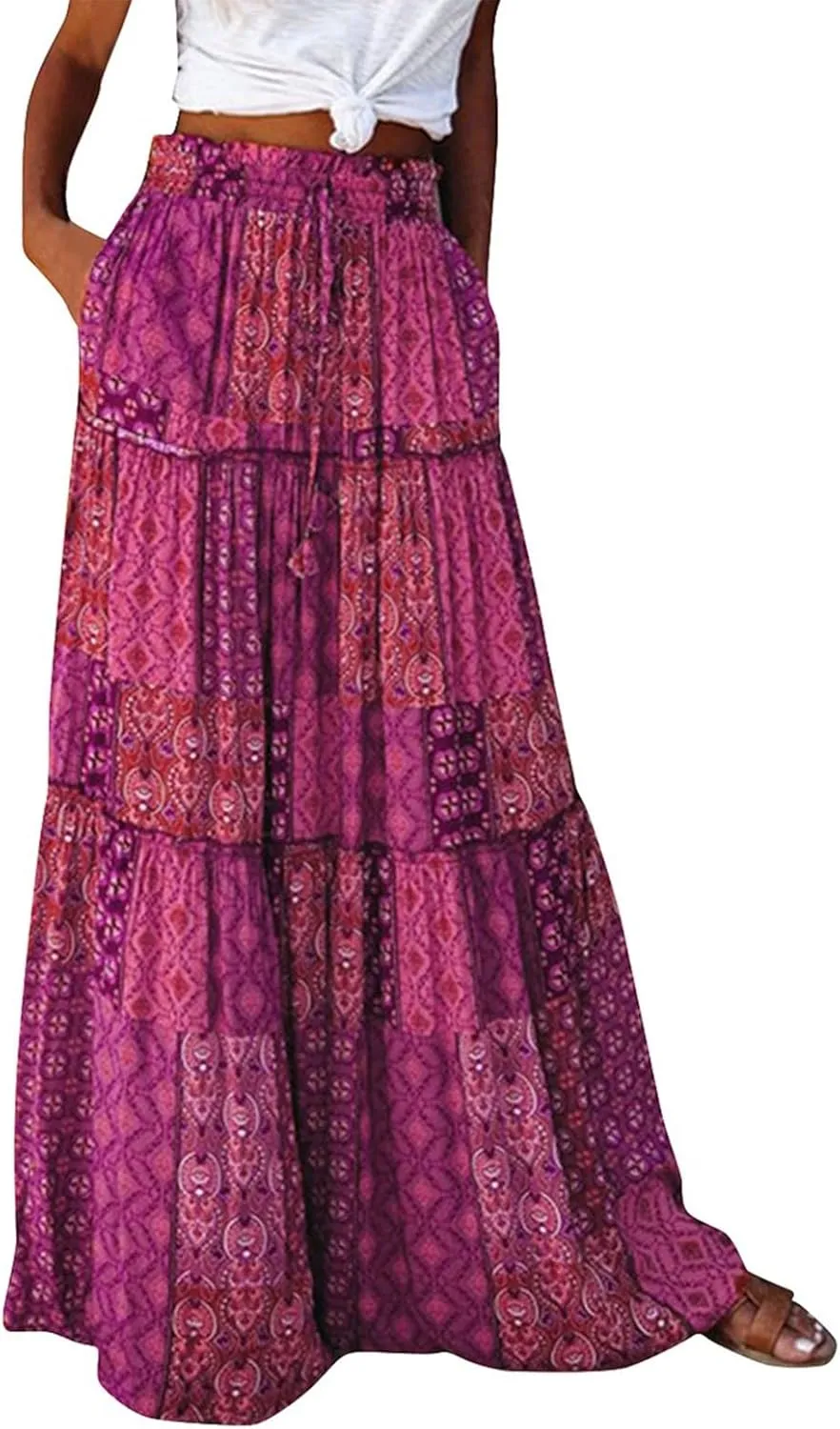 Long Skirts for Women Summer A-Line Flowy Swing Maxi Ruffle Tiered Skirt Beach Vacation Clothes