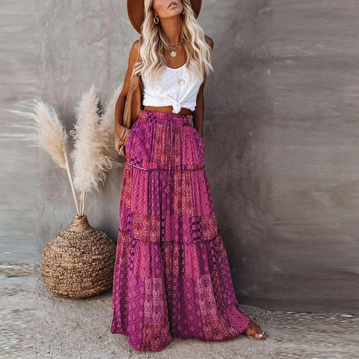 Long Skirts for Women Summer A-Line Flowy Swing Maxi Ruffle Tiered Skirt Beach Vacation Clothes