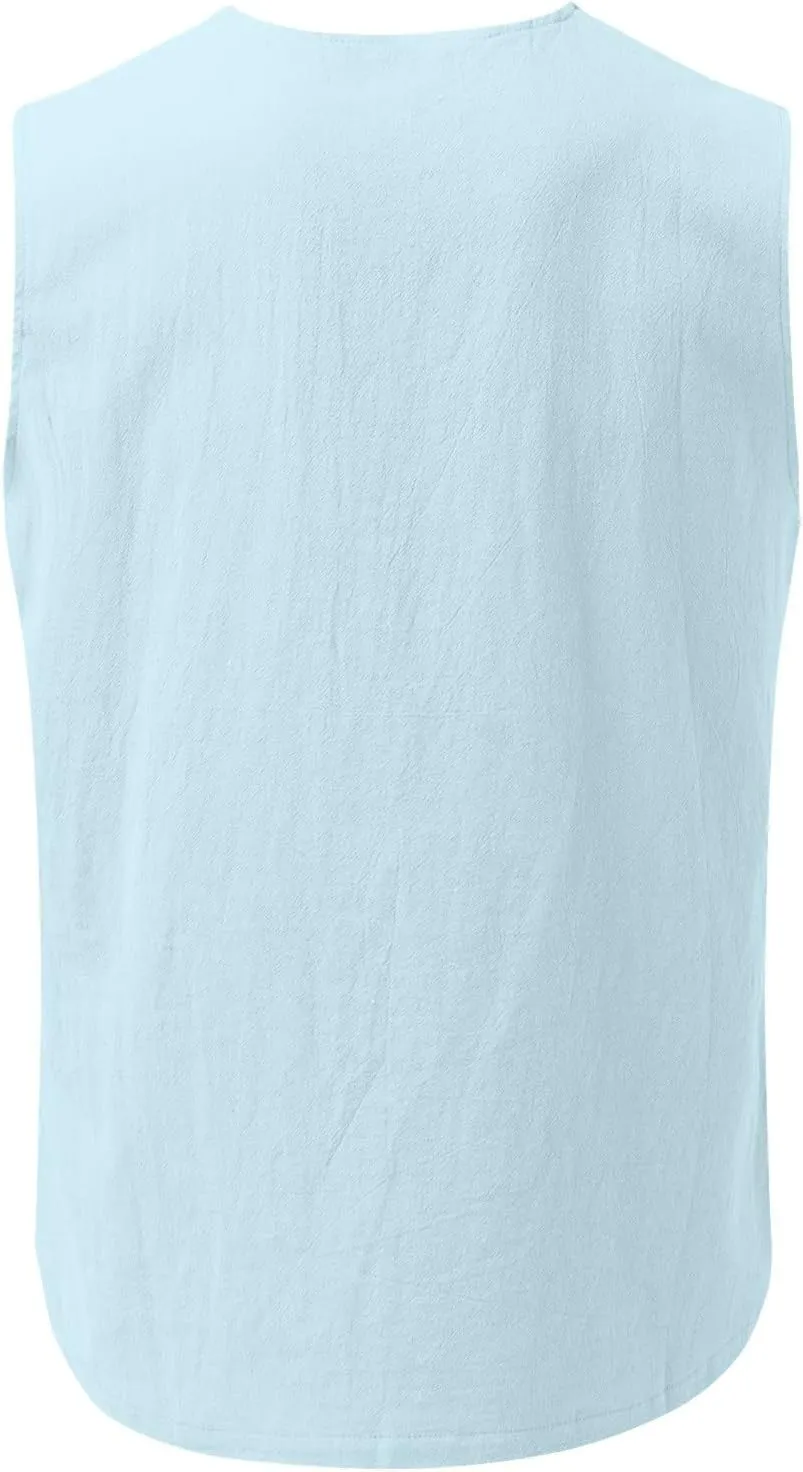 Loose Fit Cotton Linen Bohemian Tank Tops for Mens Summer Beach Fuunny Sleeveless Lace Up Hippie Cutt Off Tshirts