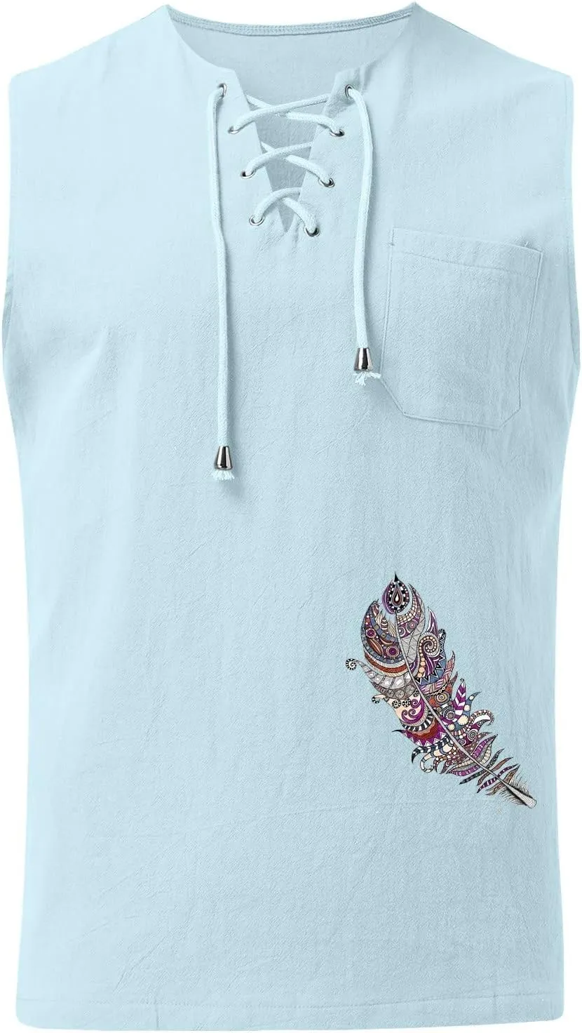 Loose Fit Cotton Linen Bohemian Tank Tops for Mens Summer Beach Fuunny Sleeveless Lace Up Hippie Cutt Off Tshirts