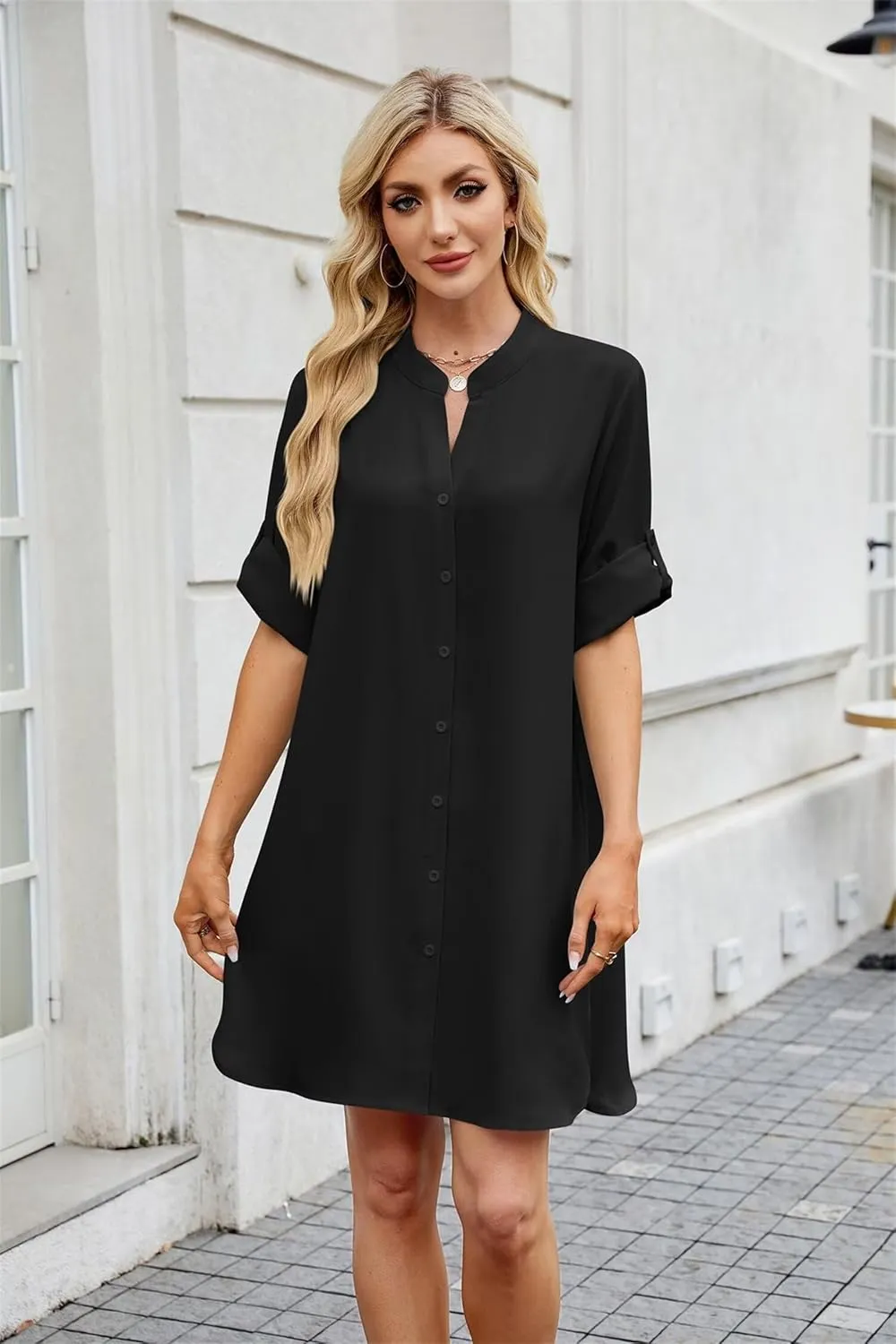 Loose Fit Shift Dress with Buttons for Women Long Sleeve Elegant Shirtdress - Casual and Elegant Design