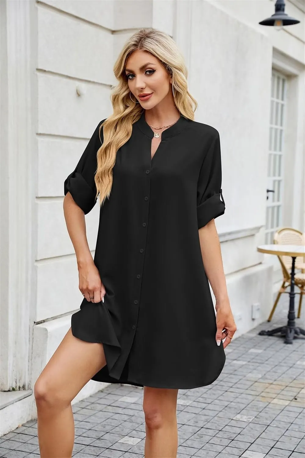 Loose Fit Shift Dress with Buttons for Women Long Sleeve Elegant Shirtdress - Casual and Elegant Design