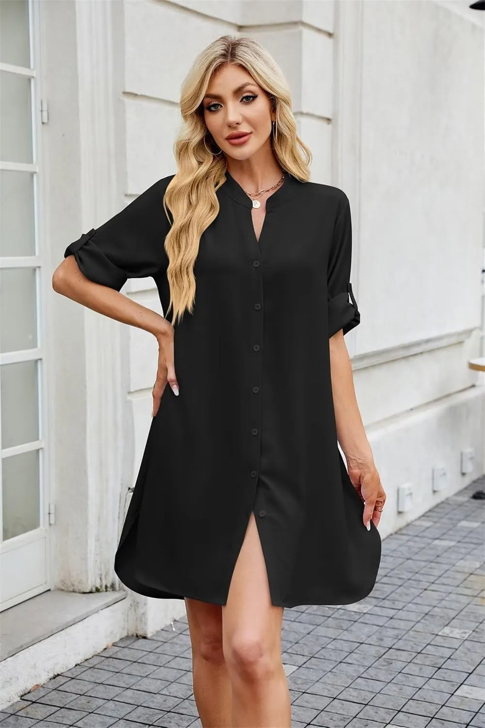 Loose Fit Shift Dress with Buttons for Women Long Sleeve Elegant Shirtdress - Casual and Elegant Design