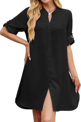 Loose Fit Shift Dress with Buttons for Women Long Sleeve Elegant Shirtdress - Casual and Elegant Design