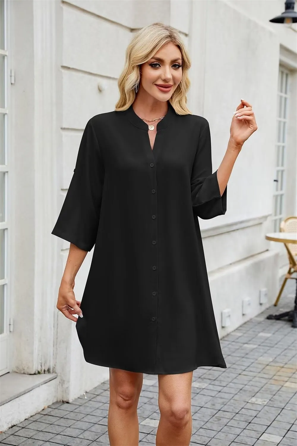 Loose Fit Shift Dress with Buttons for Women Long Sleeve Elegant Shirtdress - Casual and Elegant Design