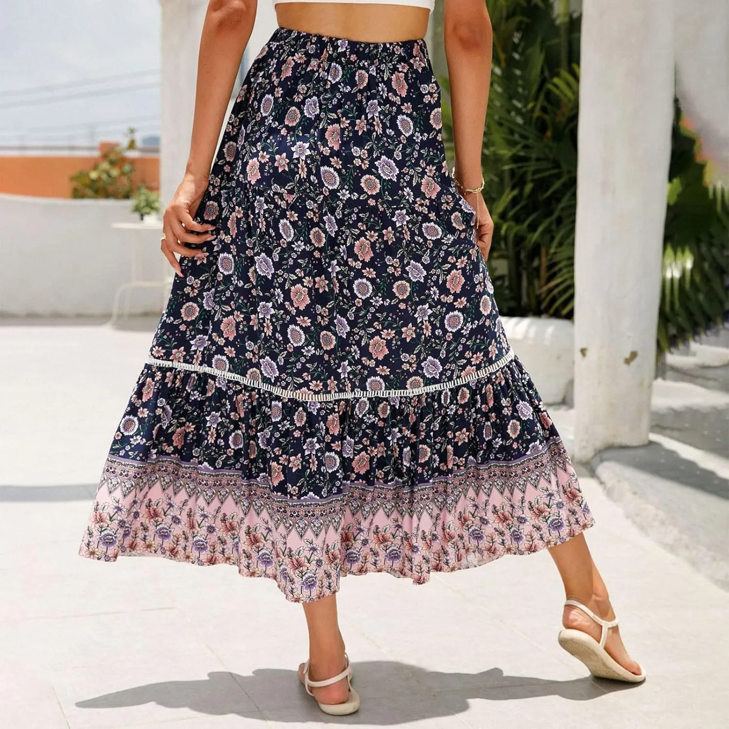 Maxi Boho Floral Skirts for Women 2025 Trendy Summer Long Flowy Skirts High Elastic Waist Drawstring A Line Skorts