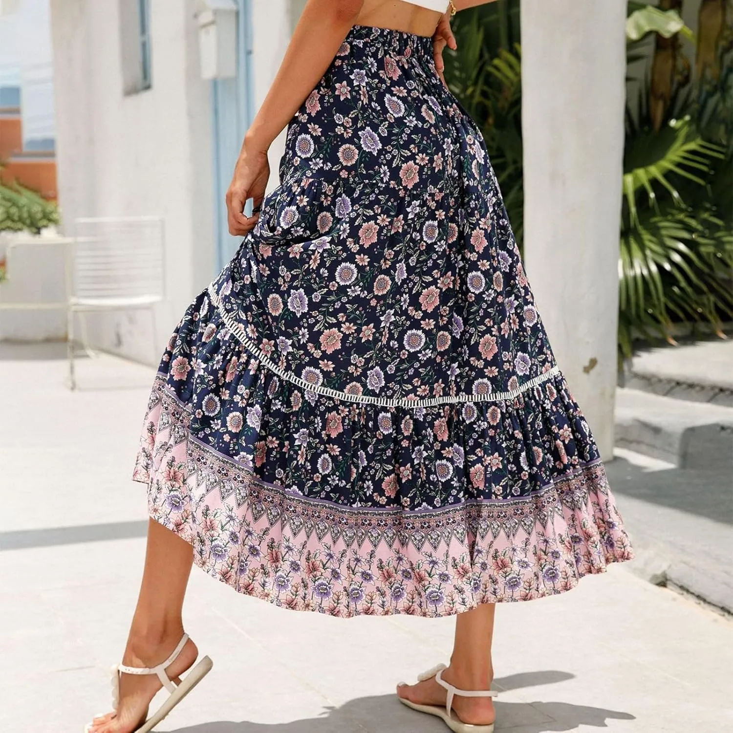 Maxi Boho Floral Skirts for Women 2025 Trendy Summer Long Flowy Skirts High Elastic Waist Drawstring A Line Skorts