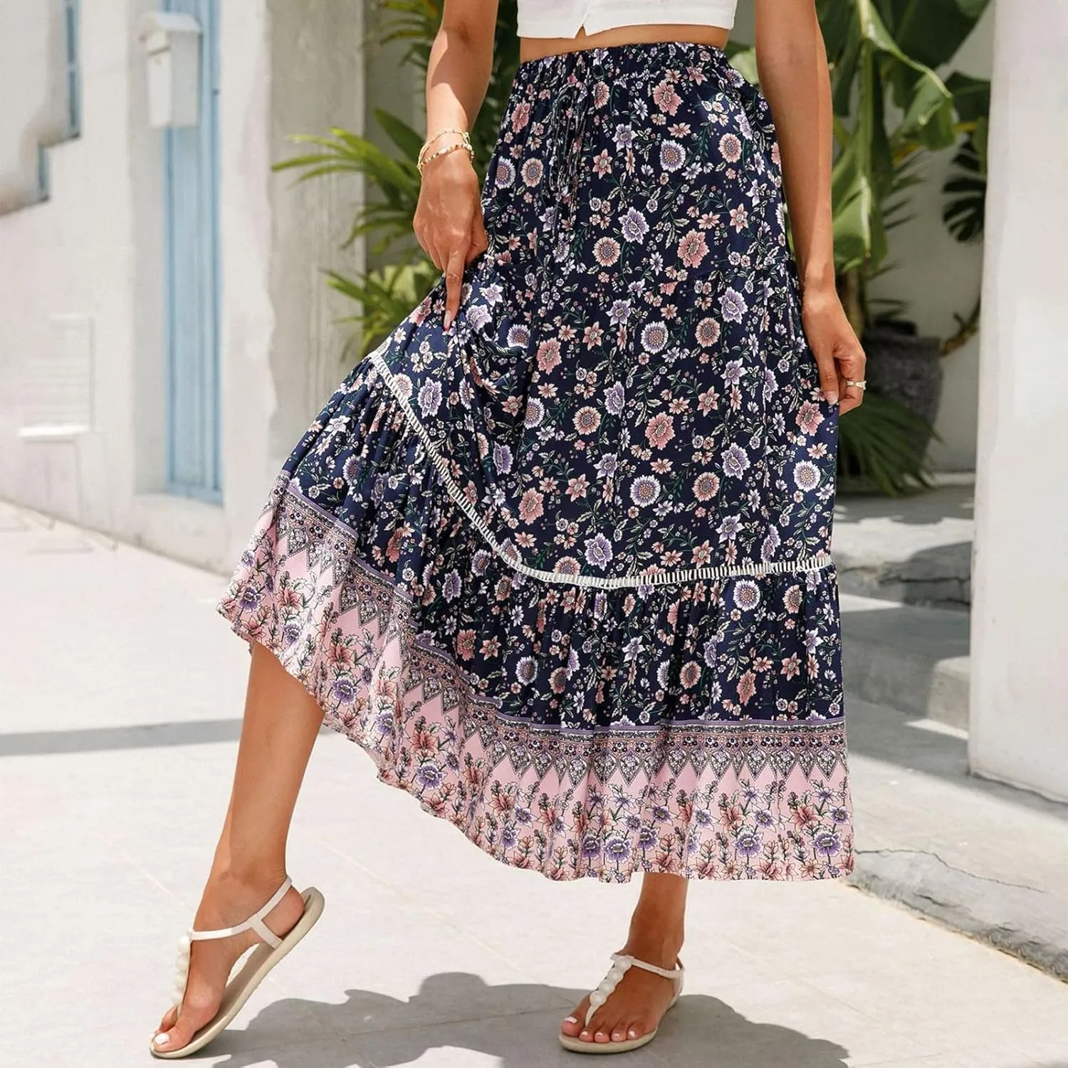 Maxi Boho Floral Skirts for Women 2025 Trendy Summer Long Flowy Skirts High Elastic Waist Drawstring A Line Skorts