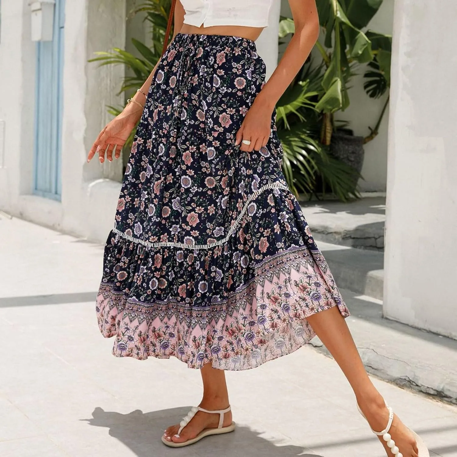 Maxi Boho Floral Skirts for Women 2025 Trendy Summer Long Flowy Skirts High Elastic Waist Drawstring A Line Skorts