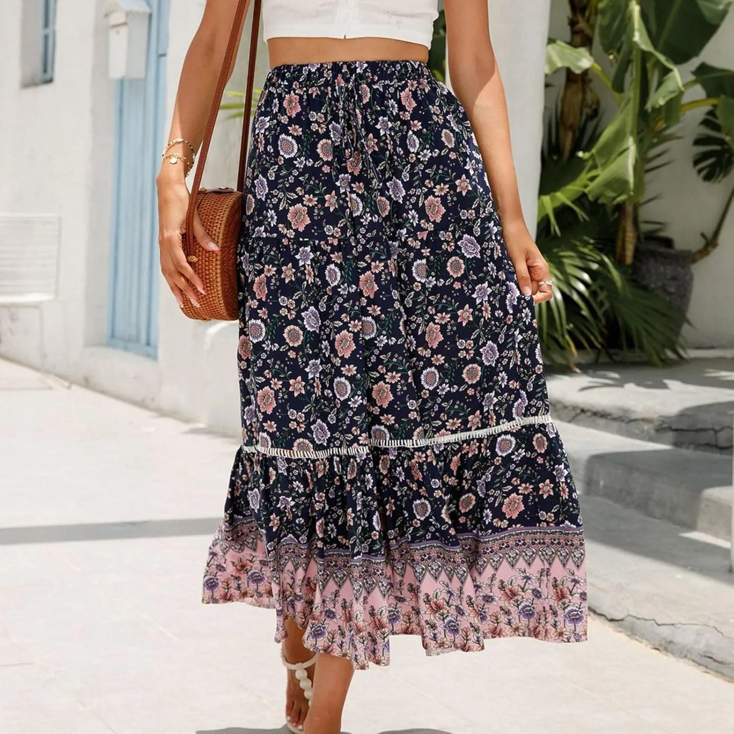 Maxi Boho Floral Skirts for Women 2025 Trendy Summer Long Flowy Skirts High Elastic Waist Drawstring A Line Skorts