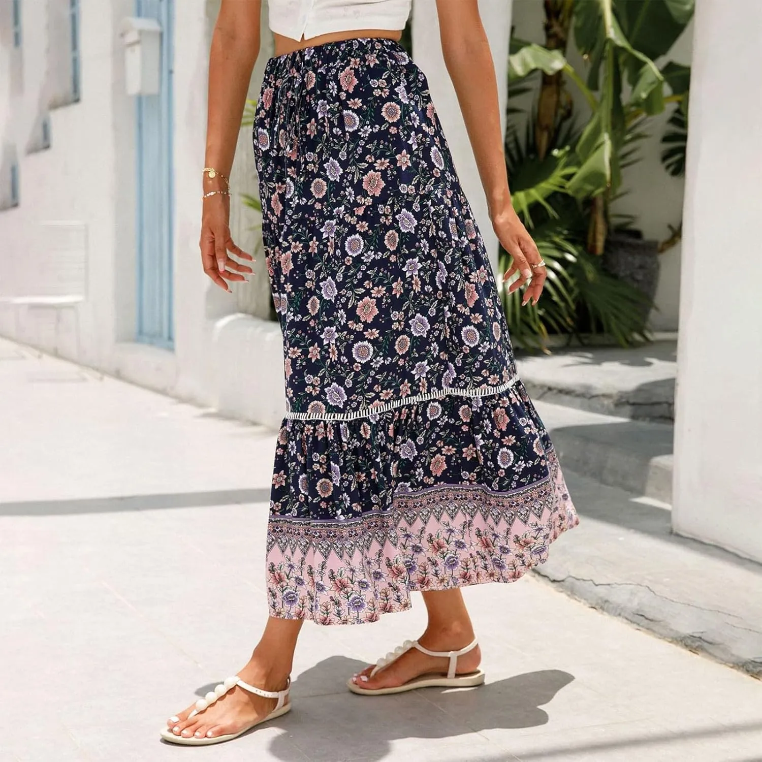 Maxi Boho Floral Skirts for Women 2025 Trendy Summer Long Flowy Skirts High Elastic Waist Drawstring A Line Skorts