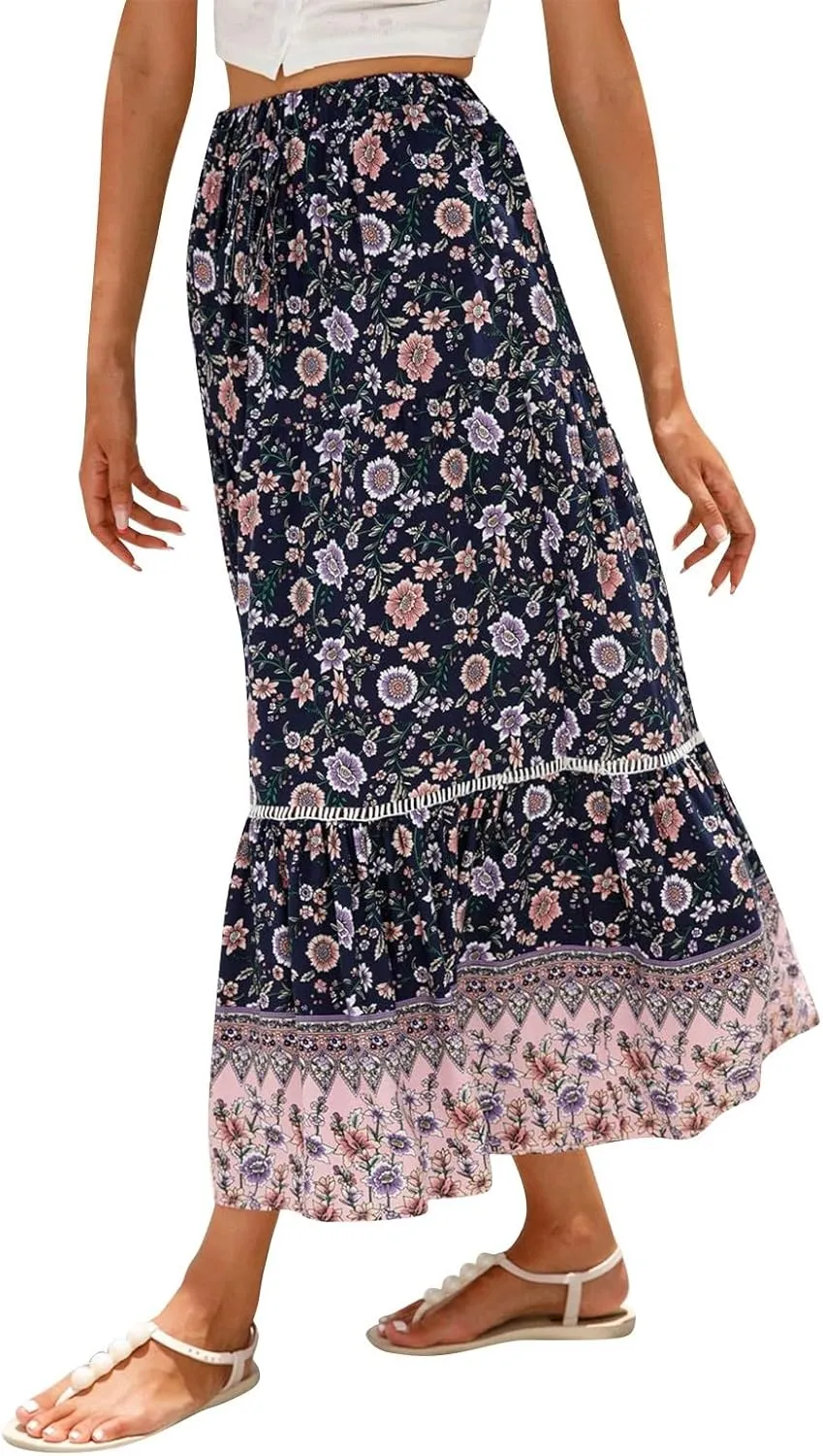 Maxi Boho Floral Skirts for Women 2025 Trendy Summer Long Flowy Skirts High Elastic Waist Drawstring A Line Skorts