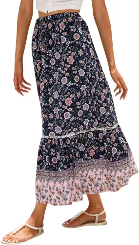 Maxi Boho Floral Skirts for Women 2025 Trendy Summer Long Flowy Skirts High Elastic Waist Drawstring A Line Skorts