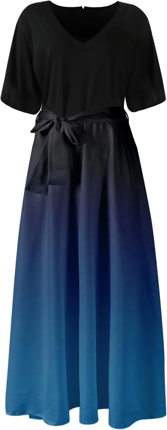 Maxi Dresses for Women 2025 Summer V Neck Floral Maxi Dress Trendy Short Sleeve Split A Line Long Dresses with Belt