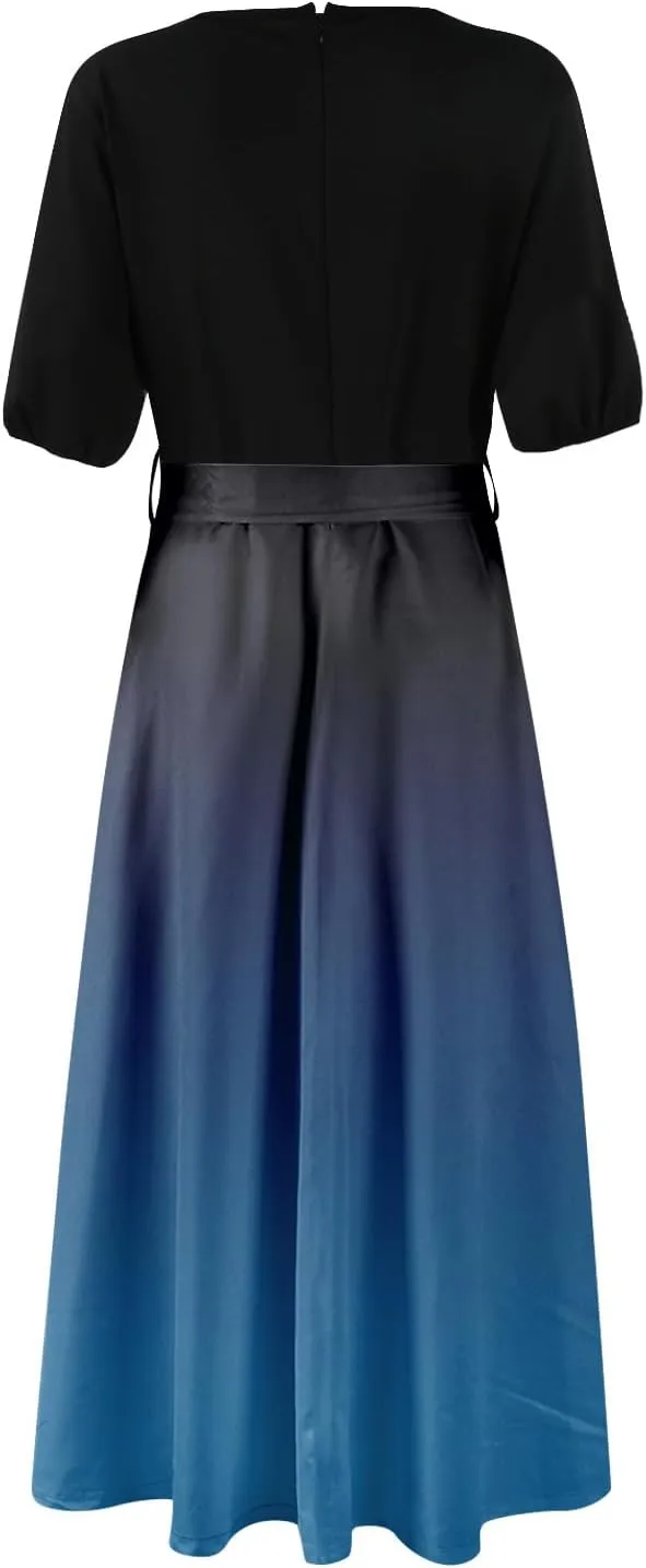Maxi Dresses for Women 2025 Summer V Neck Floral Maxi Dress Trendy Short Sleeve Split A Line Long Dresses with Belt