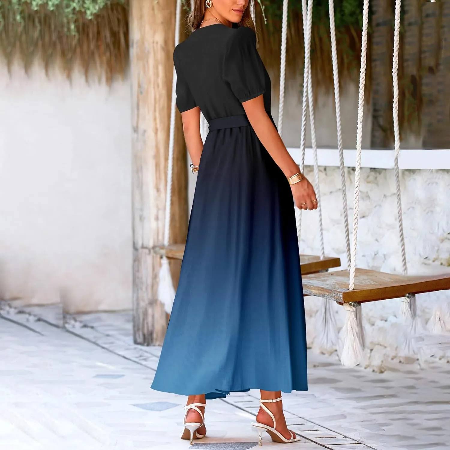 Maxi Dresses for Women 2025 Summer V Neck Floral Maxi Dress Trendy Short Sleeve Split A Line Long Dresses with Belt