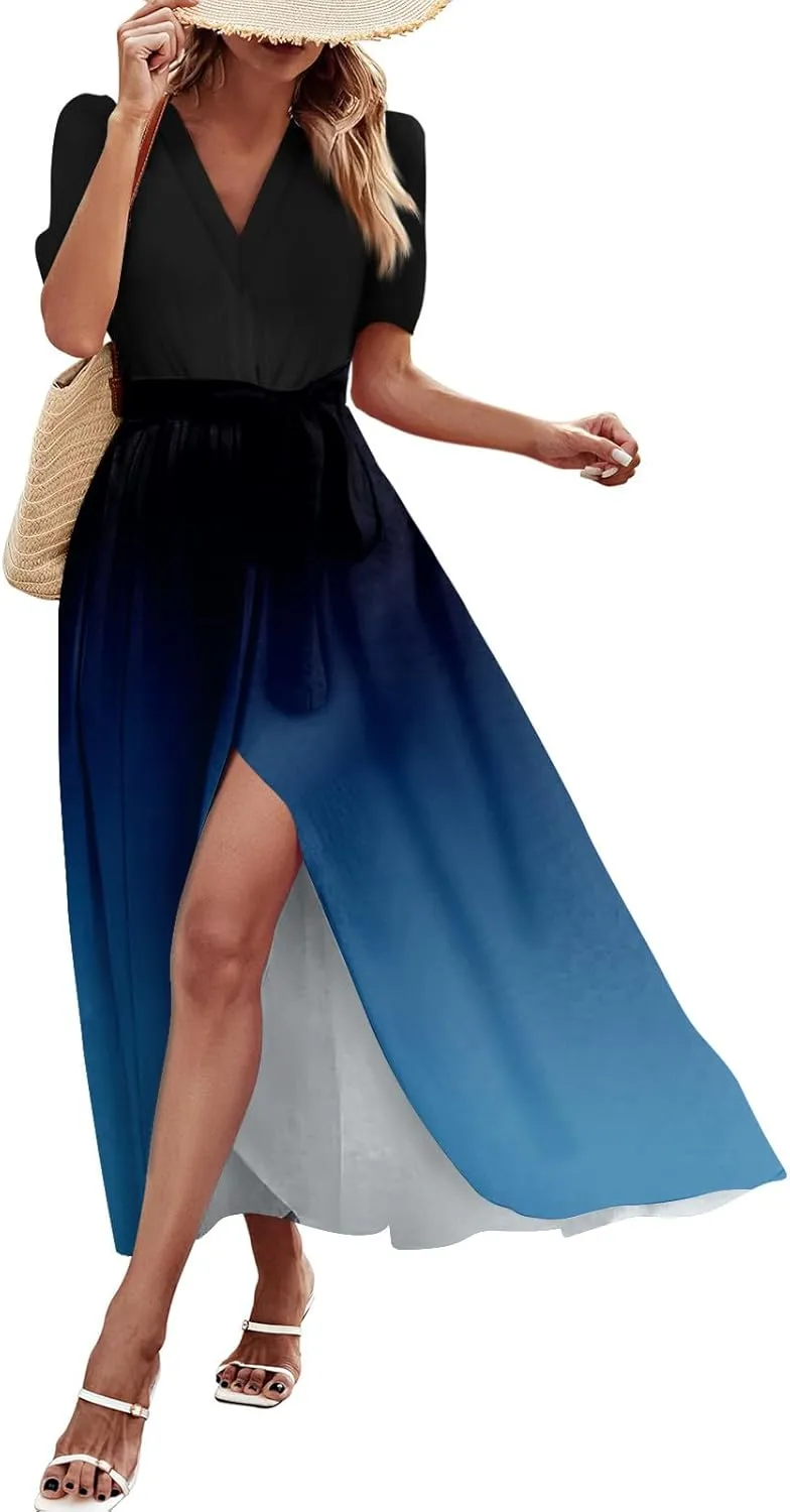 Maxi Dresses for Women 2025 Summer V Neck Floral Maxi Dress Trendy Short Sleeve Split A Line Long Dresses with Belt