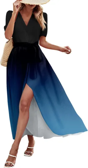 Maxi Dresses for Women 2025 Summer V Neck Floral Maxi Dress Trendy Short Sleeve Split A Line Long Dresses with Belt