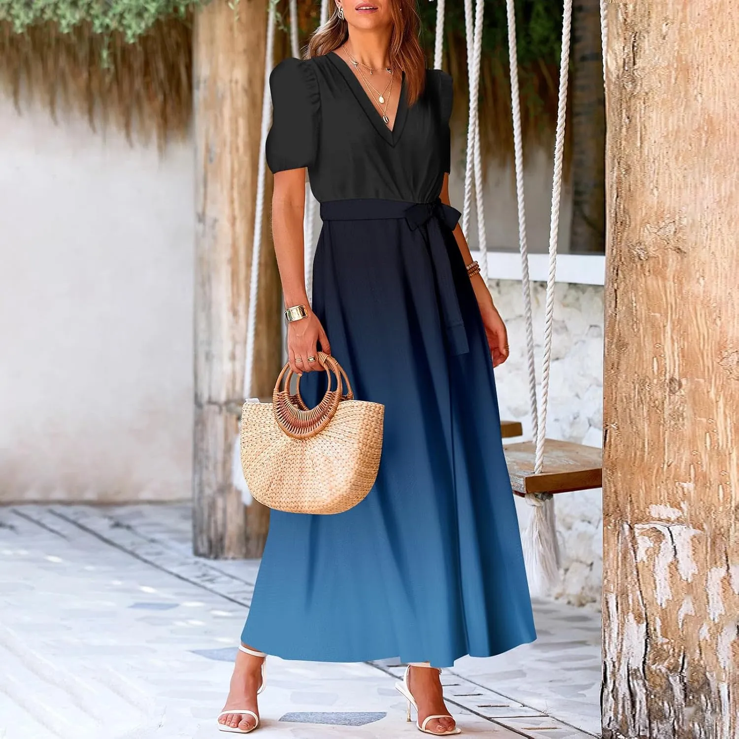 Maxi Dresses for Women 2025 Summer V Neck Floral Maxi Dress Trendy Short Sleeve Split A Line Long Dresses with Belt