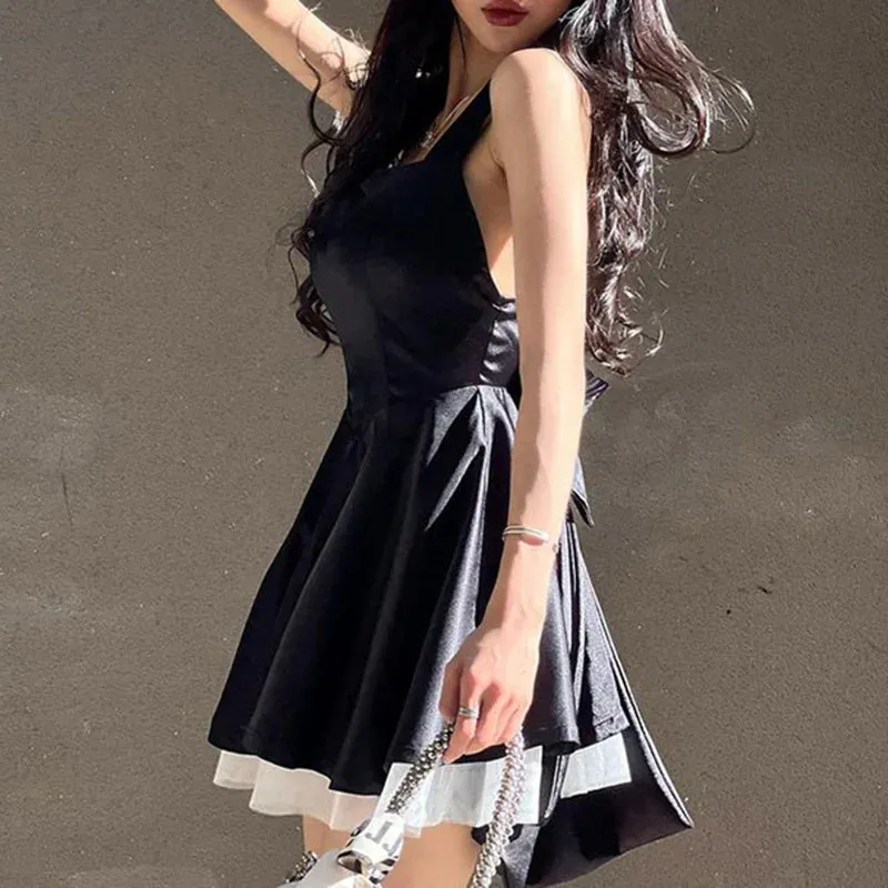 Metaversmall Korean Fashion Backless Black Tie-Up Bow Summer Dress Women Mesh Spliced Sweet A-Line Sleeveless Sundress Chic French