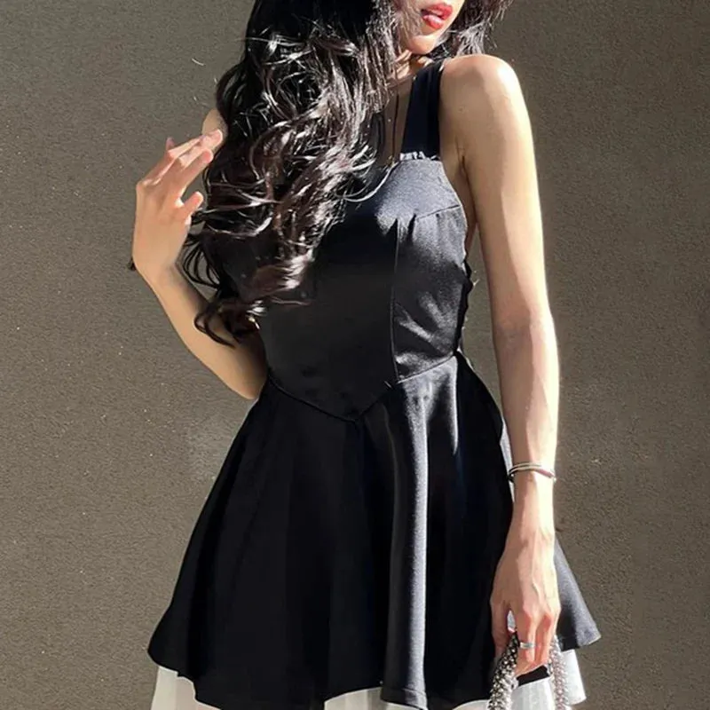 Metaversmall Korean Fashion Backless Black Tie-Up Bow Summer Dress Women Mesh Spliced Sweet A-Line Sleeveless Sundress Chic French