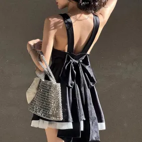 Metaversmall Korean Fashion Backless Black Tie-Up Bow Summer Dress Women Mesh Spliced Sweet A-Line Sleeveless Sundress Chic French