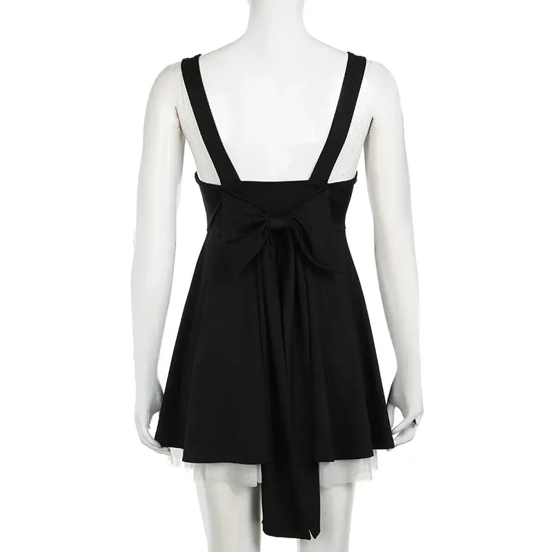 Metaversmall Korean Fashion Backless Black Tie-Up Bow Summer Dress Women Mesh Spliced Sweet A-Line Sleeveless Sundress Chic French