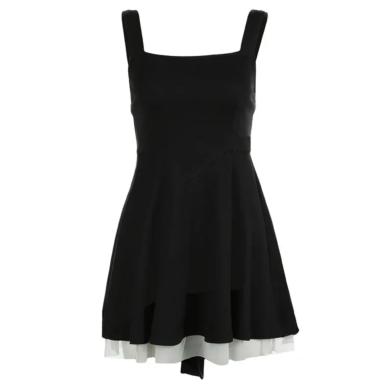 Metaversmall Korean Fashion Backless Black Tie-Up Bow Summer Dress Women Mesh Spliced Sweet A-Line Sleeveless Sundress Chic French