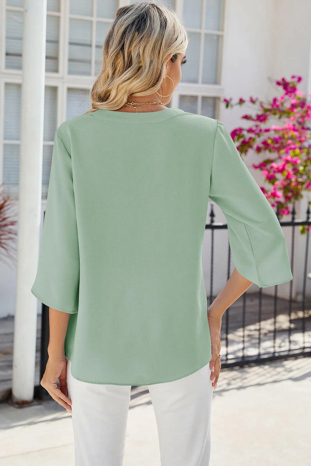 Notched Half Button Blouse
