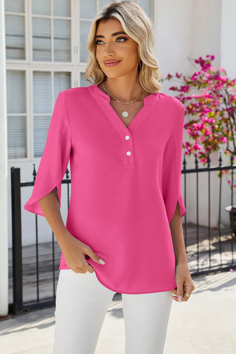 Notched Half Button Blouse
