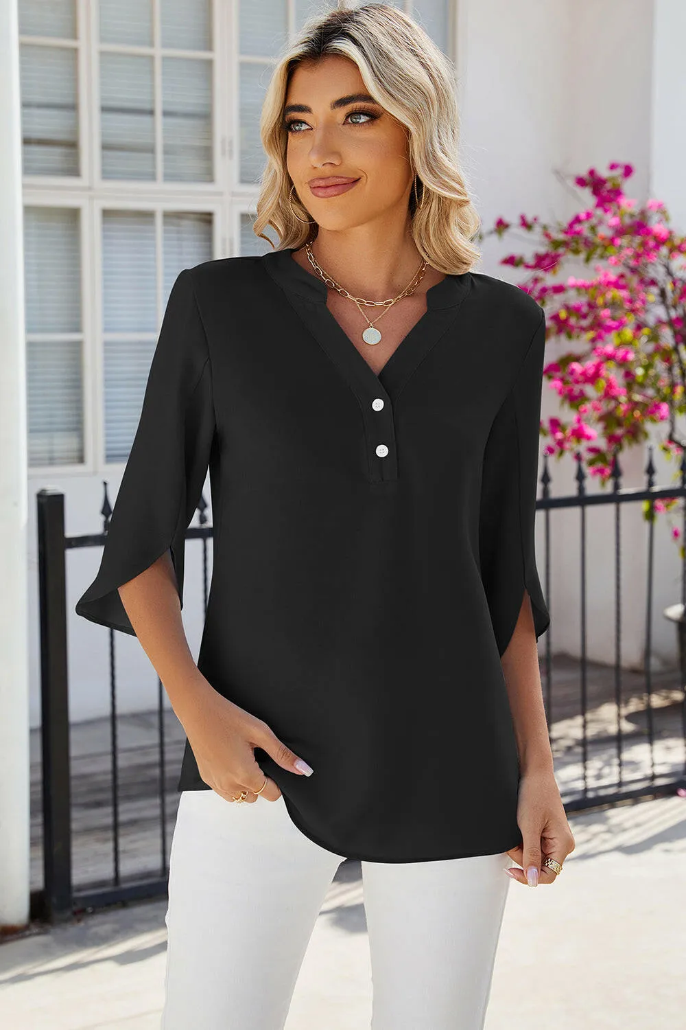 Notched Half Button Blouse