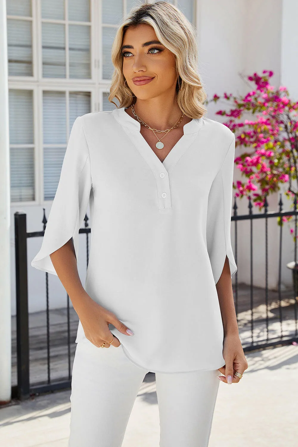 Notched Half Button Blouse