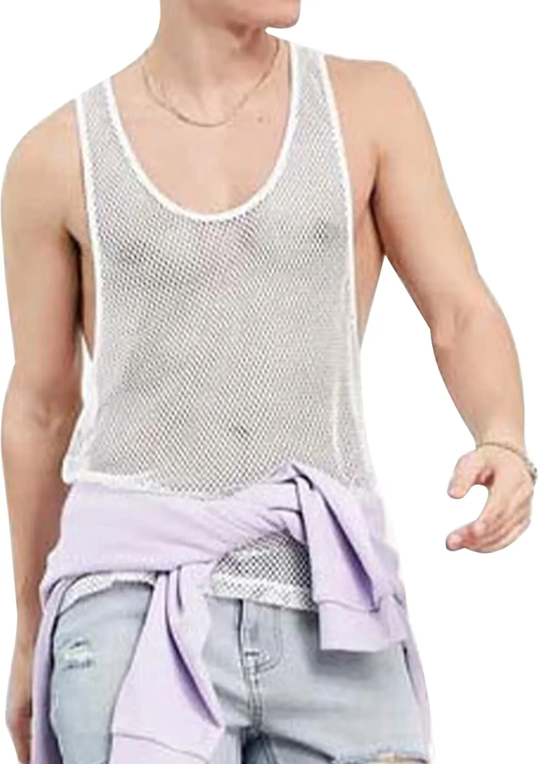 Panegy Men's Sheer Mesh See Through Tshirt Workout Gym Muscle Shirts Party Club Rave Disco Tank Top Tee