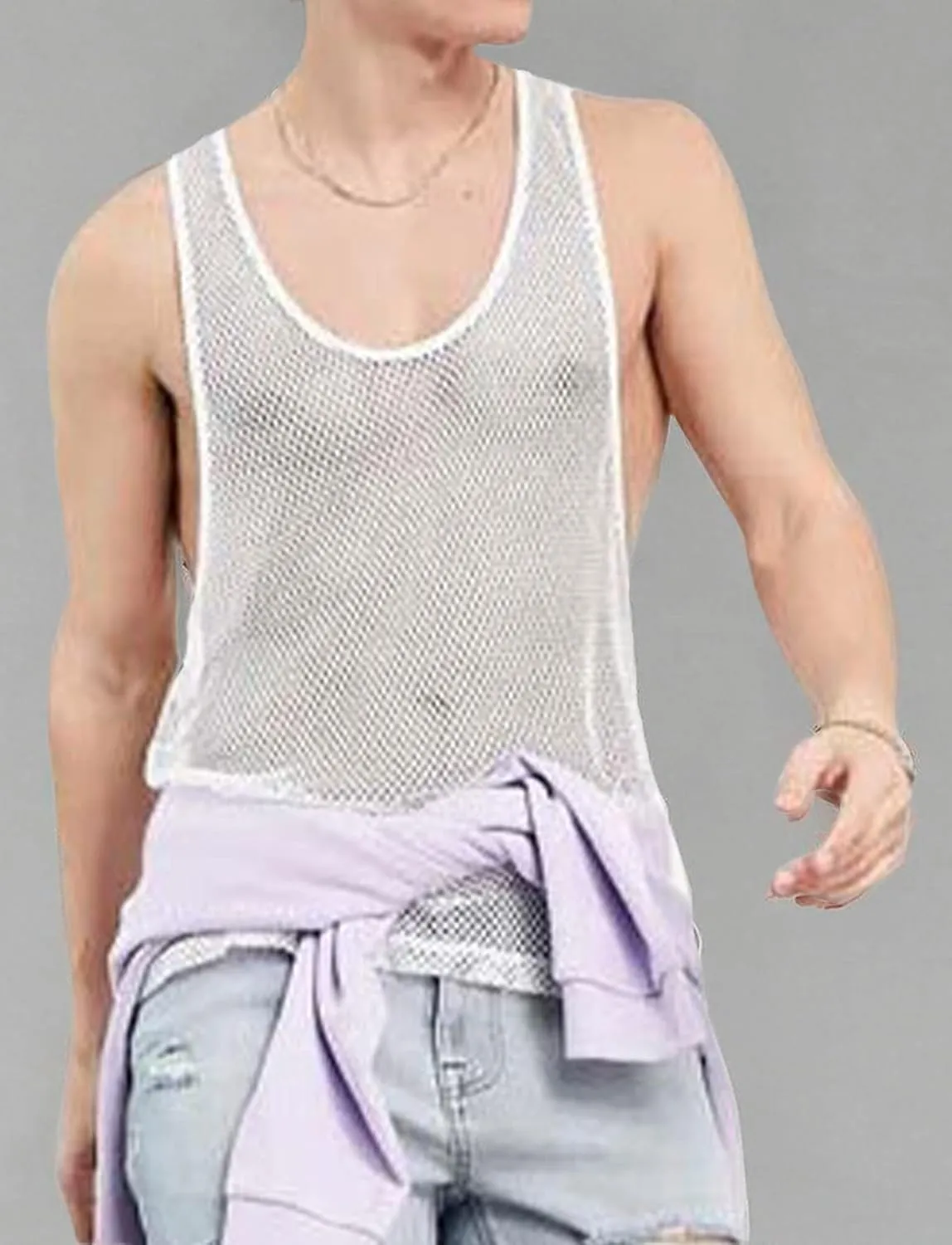 Panegy Men's Sheer Mesh See Through Tshirt Workout Gym Muscle Shirts Party Club Rave Disco Tank Top Tee