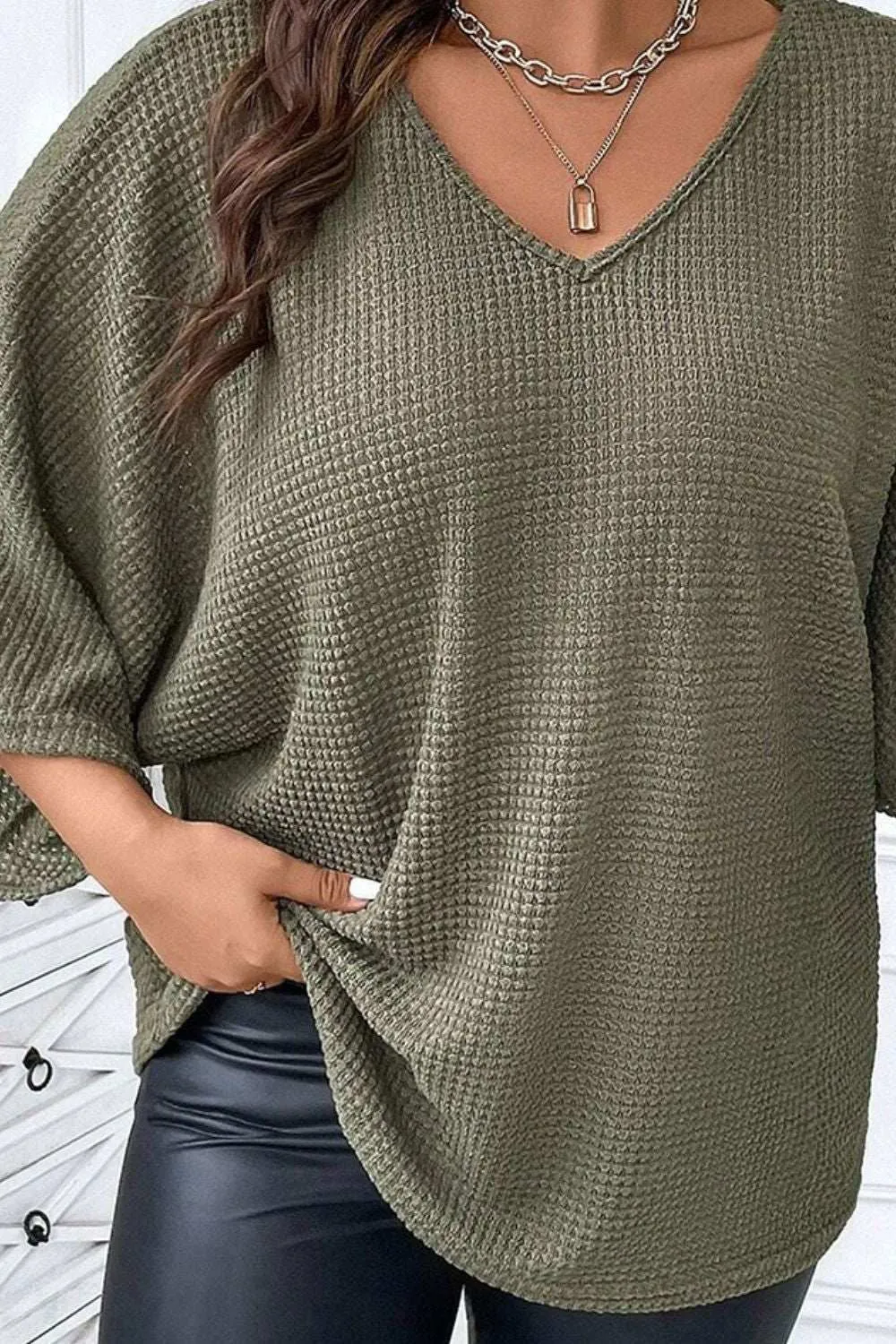 Plus Size Waffle-Knit V-Neck Blouse - Stylish & Comfortable
