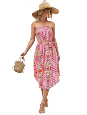 Printed Strapless Tie Belt Dress