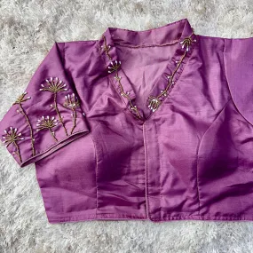 Purple Pista Silk Blouse with Handwork and Designer Handcrafted Collar