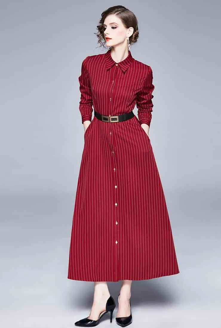 Red Striped Long Sleeve Shirt Maxi Dress