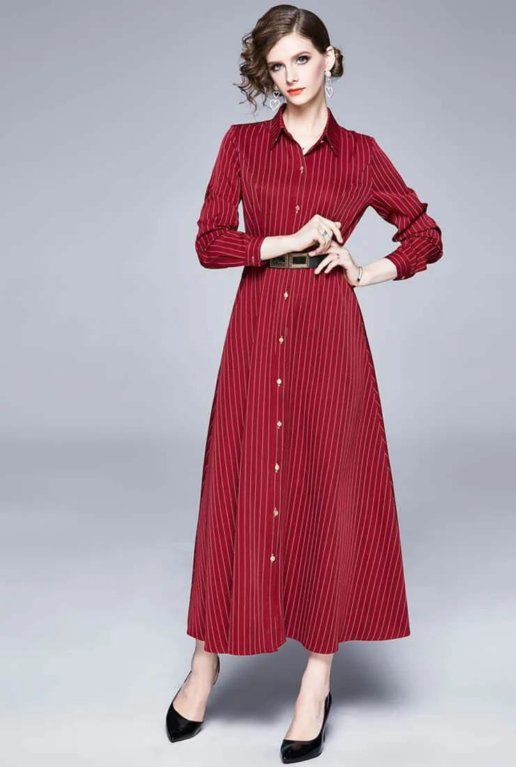 Red Striped Long Sleeve Shirt Maxi Dress