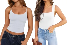 REORIA Womens Sexy Club Square Neck Sleeveless Bodysuits and Scoop Neck Adjustable Ruched Cami Crop Tops Going Out 2 Pieces Medium