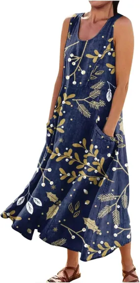 Sleeveless Dresses for Womens 2024 Beach Cotton Linen Floral Printed Dresses with Pockets Casual Flowy Long Dress