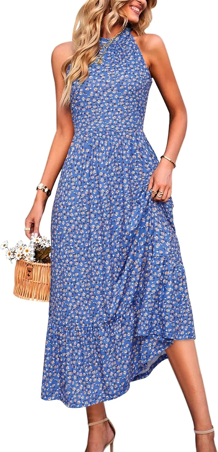 STYLEWORD Womens 2025 Summer Dress Maxi Vacation Floral Halter Neck Sleeveless Flowy Sundress with Pockets