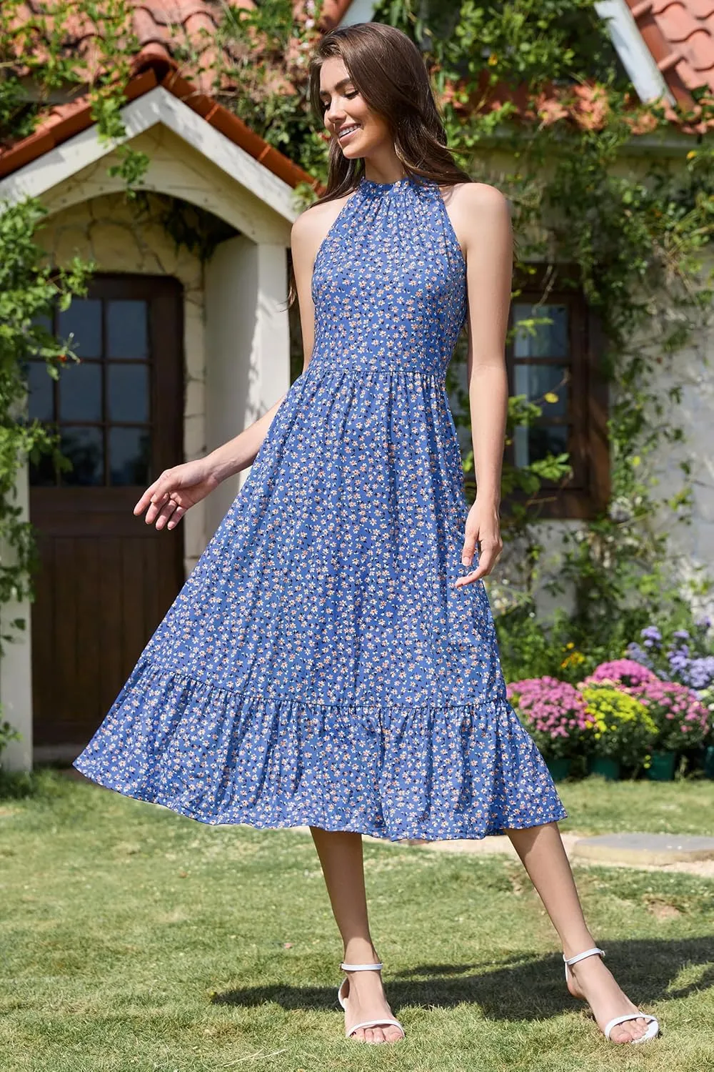 STYLEWORD Womens 2025 Summer Dress Maxi Vacation Floral Halter Neck Sleeveless Flowy Sundress with Pockets