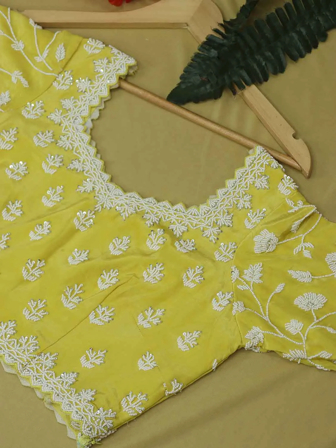 Stylish Yellow Crepe Blouse with Hand Embroidered Beads Work